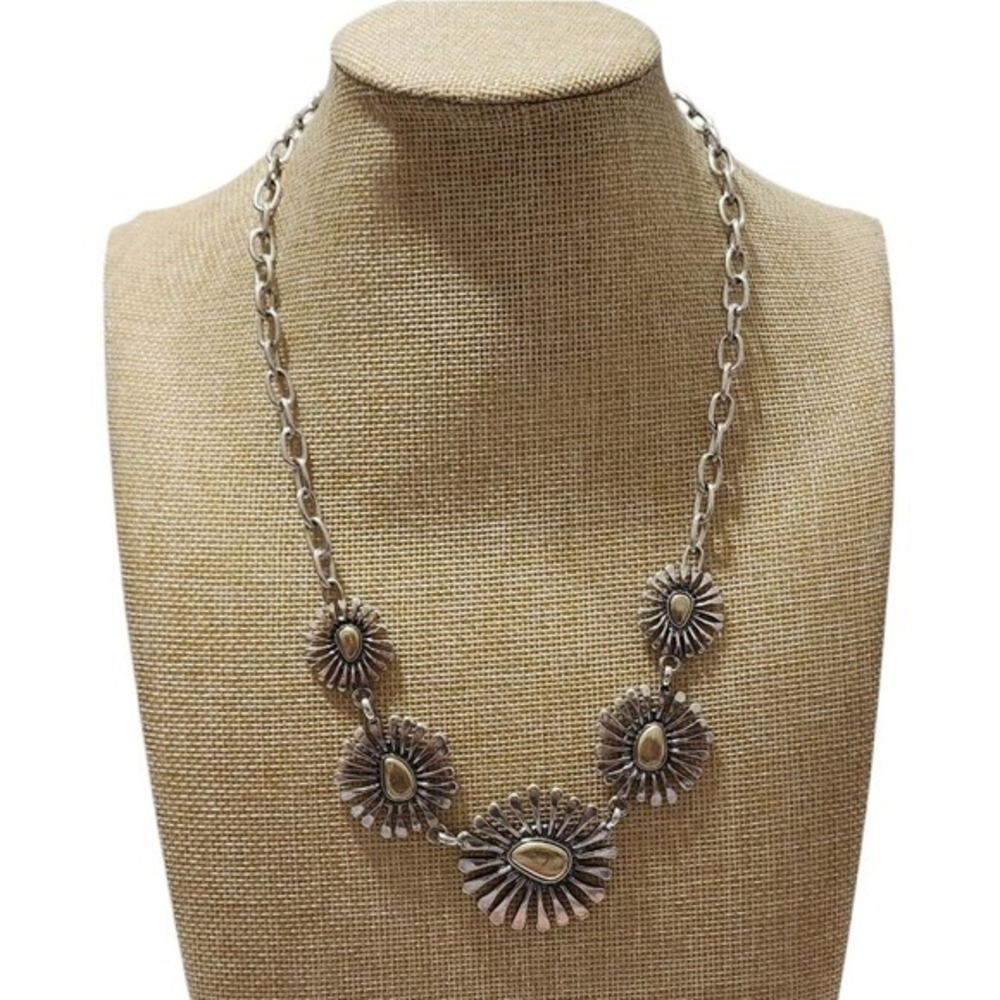 Lucky Brand Two Tone Silver Gold Sunburst Daisy Floral Bib Statement Necklace